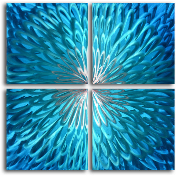 "Shimmering blue dahlia desire" 4 Piece Contemporary Handmade Metal Wall Art Set
