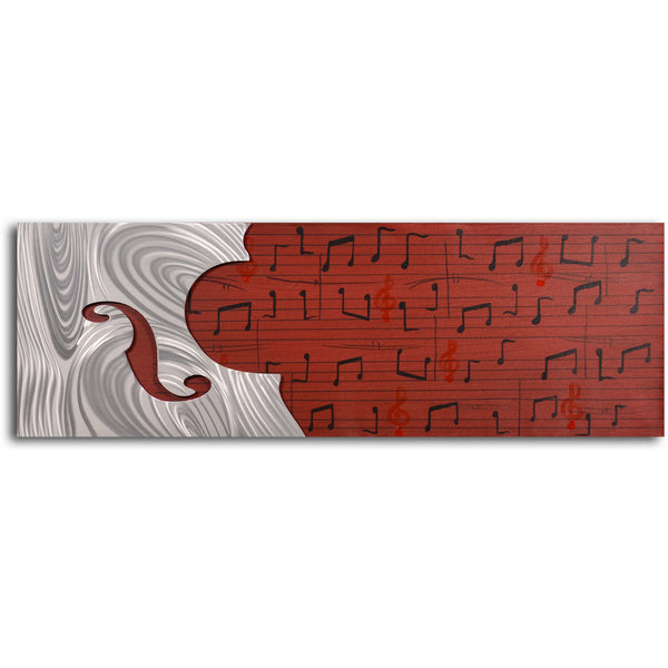 Handcrafted "Cello form on red score" Metal on Hand Painted Canvas