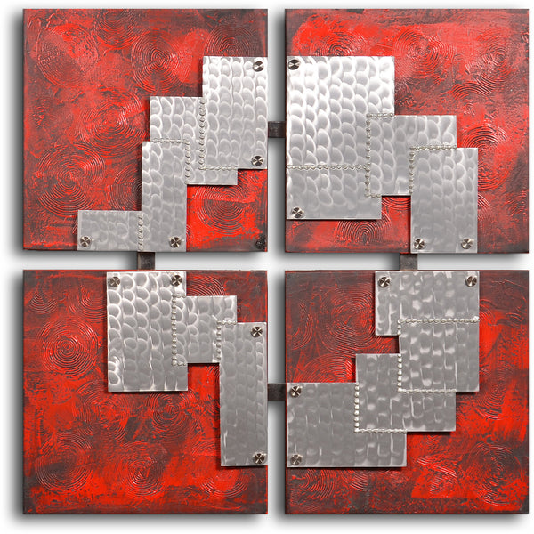Handcrafted "Tin pieces on red" Metal on Hand Painted Canvas