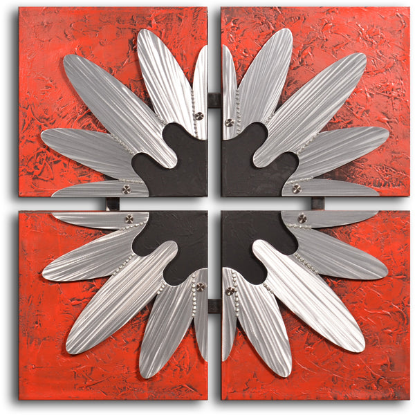 Handcrafted "Metal petal frame on red" Metal on Hand Painted Canvas