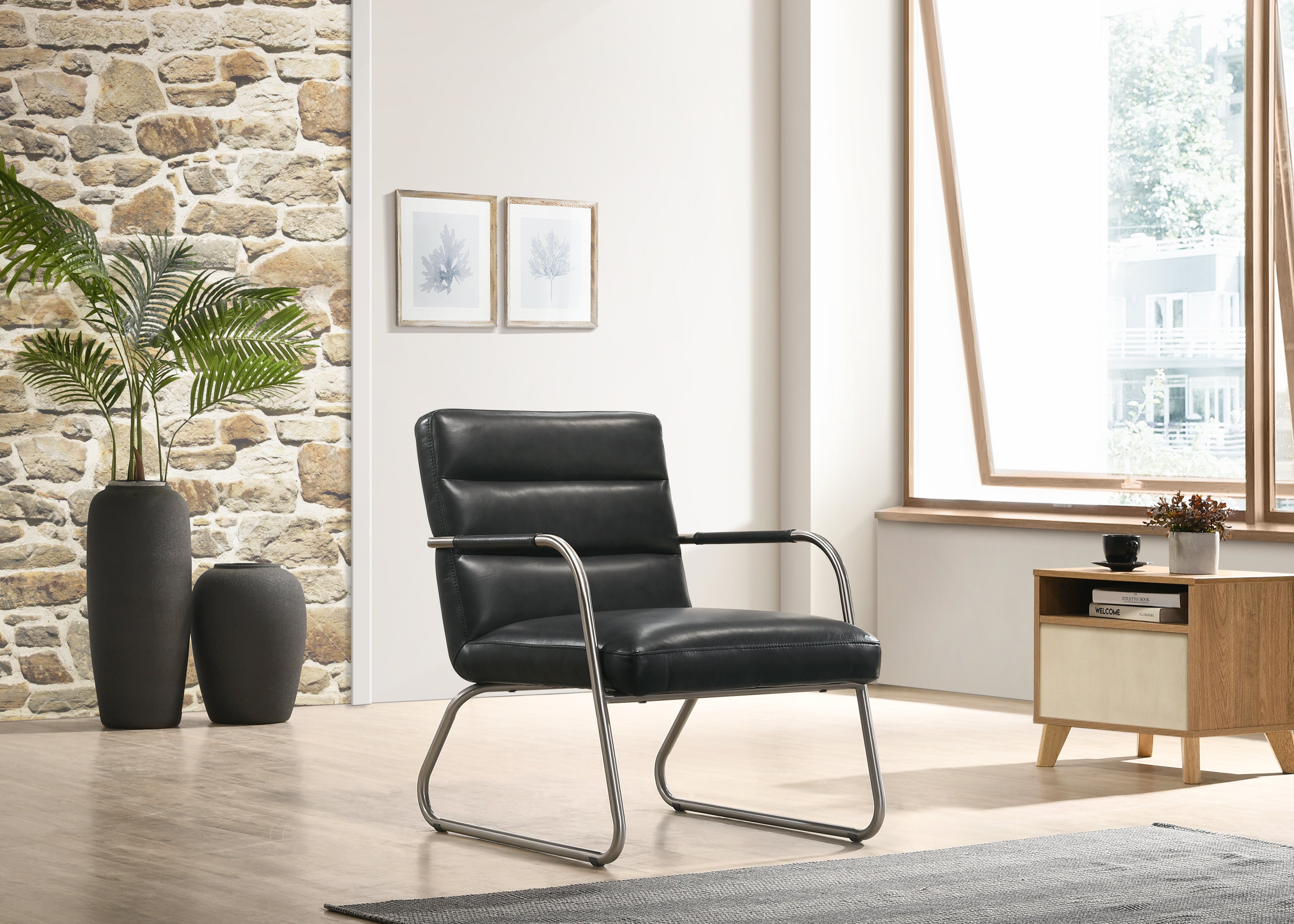Spencer Stainless Steel Leather Lounge Accent Chair, Black