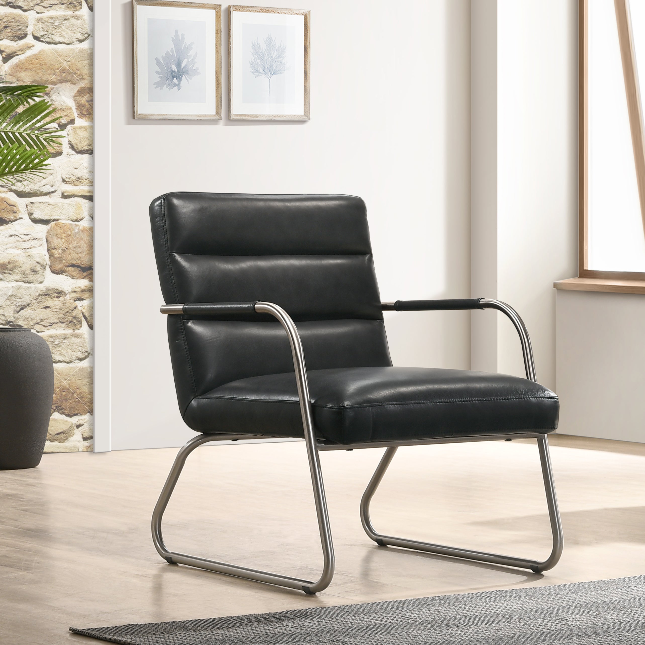 Spencer Stainless Steel Leather Lounge Accent Chair, Black
