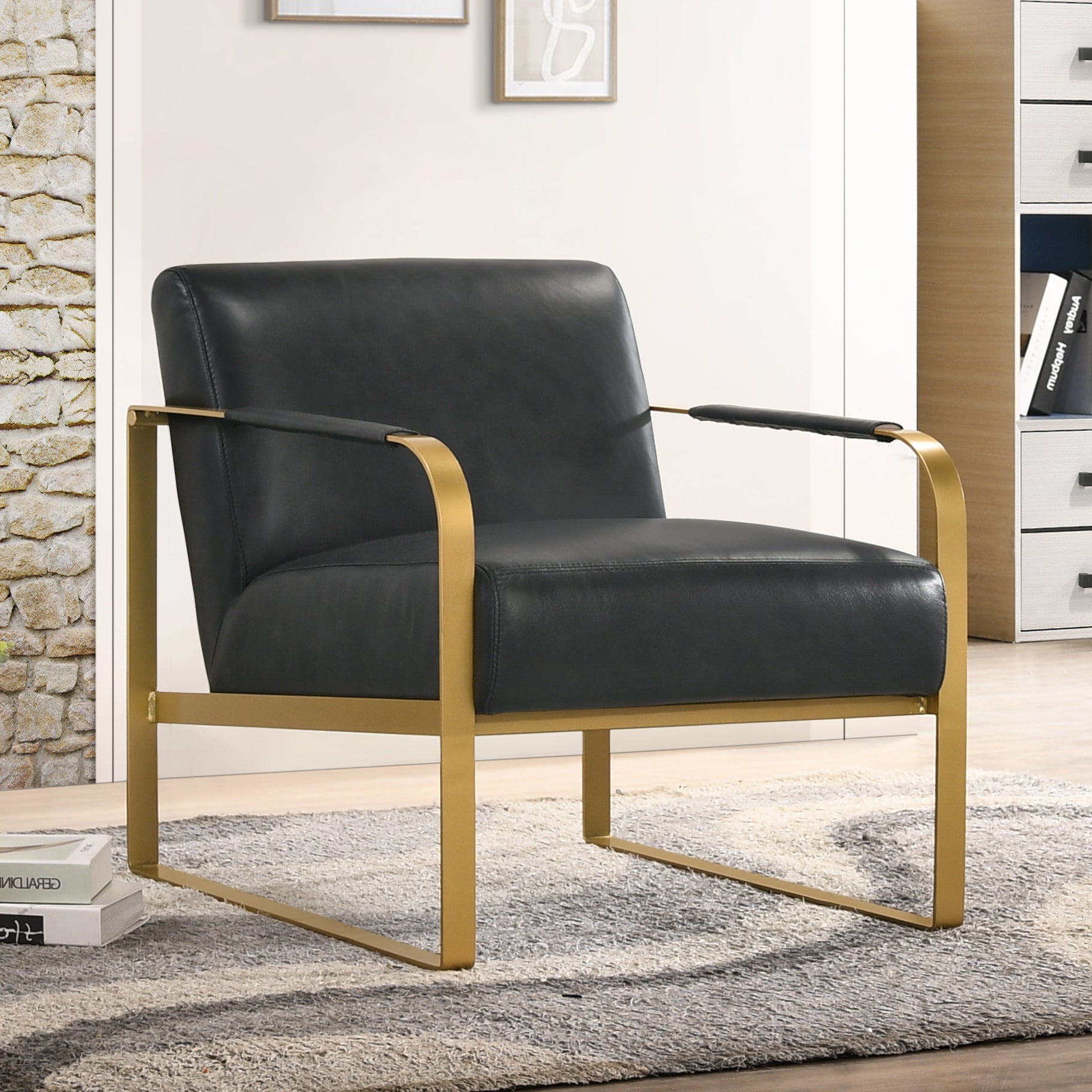 Mason Genuine Leather Lounge Accent Chair, Black and Gold