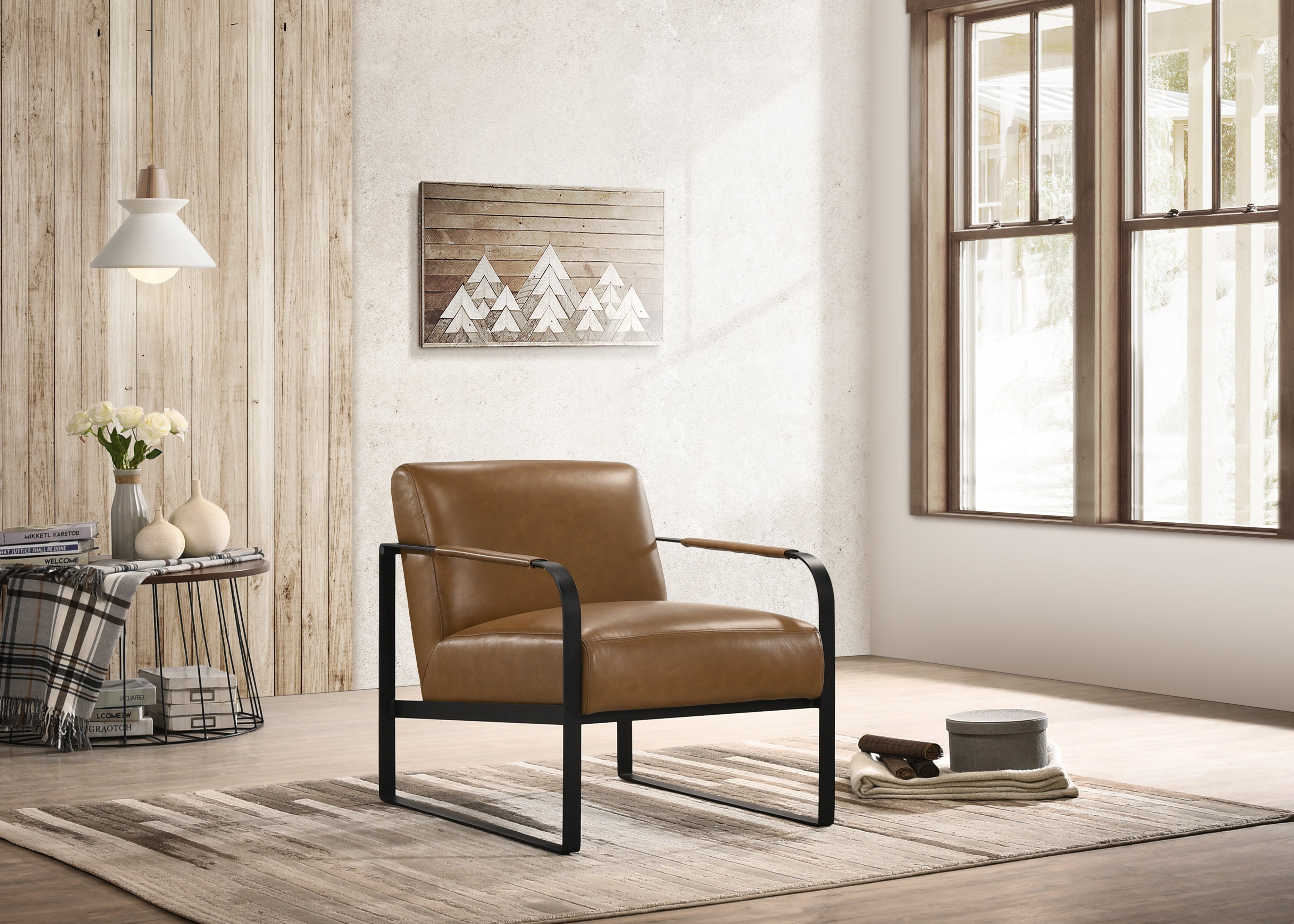 Mason Genuine Leather Lounge Accent Chair, Caramel Brown