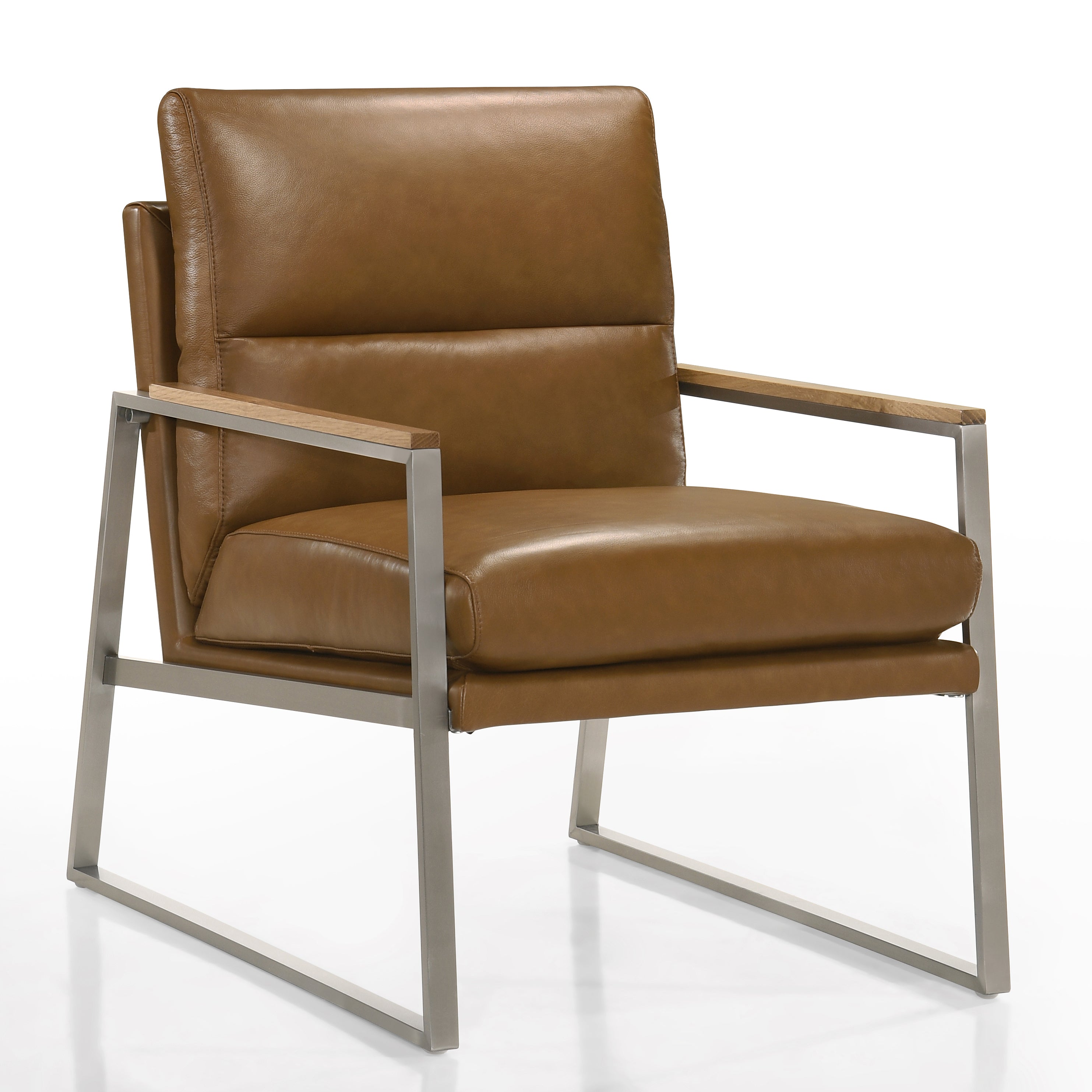 Colin Stainless Steel & Genuine Leather Accent Chair, Caramel Brown