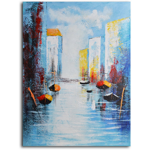 Hand Painted Modern Oil Painting "Sail boats and silos" Canvas Wall Art - 36" x 48"