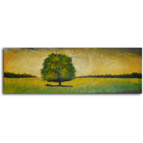 Hand Painted Modern Oil Painting "Verdant tree in green" Canvas Wall Art - 20" x 60"