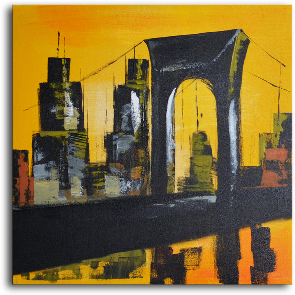 Hand Painted Modern Oil Painting "Bridge and towers" Canvas Wall Art - Stretched with wooden frame
